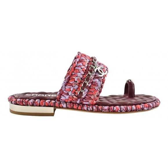 Chanel 20S Red Purple Raffia Tweed CC Chain Logo Mule Slide Strap Flat Sandal 37 - Picture 1 of 12